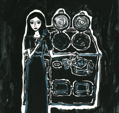 Self portrait with an AGA - naive art painting with a cooker. Monochrome.