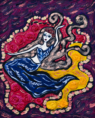 Passion Dance - detailed naive art painting. Ornamented, bright and colourful.