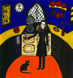Self portrait with an AGA - naive art painting with a cooker and a cat. 