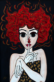Demon - naive art painting of a fire lady with black eyes. 