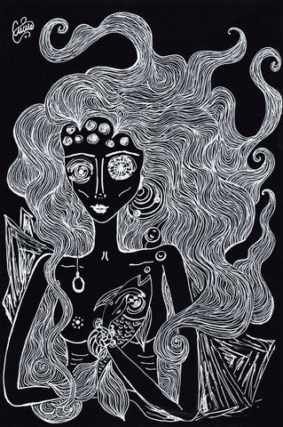 Drawing of a mermaid and a fish. Nautical naive art painting. 