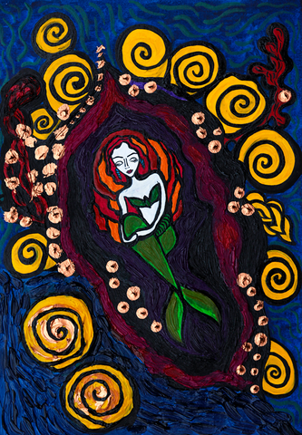 The Dream of The Mermaid - naive art painting filled with colour.