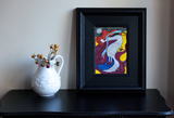 Imaginative Winter naive art painting. Red robins, black cat, crow, fairy.