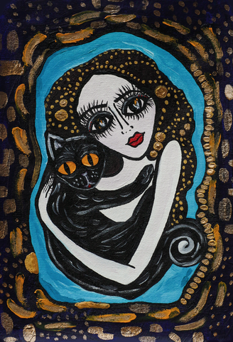 Aysha's familiar, naive art painting of a woman and a black cat.
