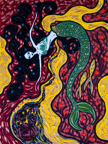 Mermaid with Forget-me-nots - naive art painting oil on canvas. 