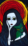 Madonna With a Green Cat - Original Naive Art Painting by Silvena