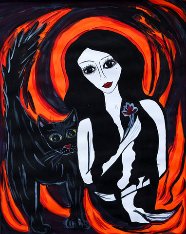 Madonna with a black cat - naive art painting. Inspired by 'The Scream'.