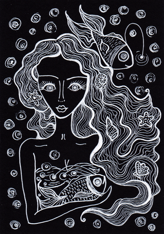 Mermaid with a fish - drawing ink on black paper.