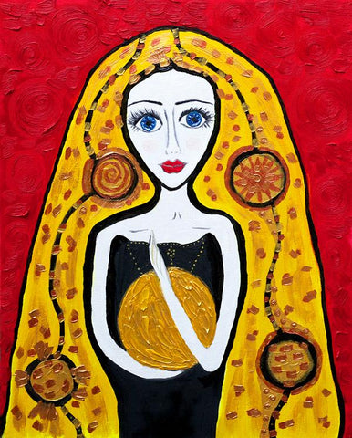 The Golden Girl - naive art painting based on a fairytale. Statement piece ideal for feature wall. 
